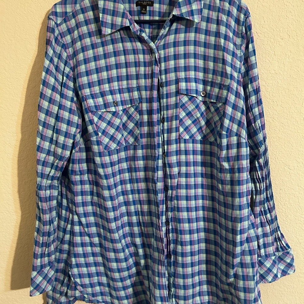 Talbots Blue, Purple & Mint Plaid Button-Front Shirt Casual Outdoors